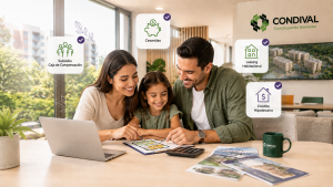 Familia revisando opciones para comprar apartamento VIS con subsidio, cesantías, leasing y crédito hipotecario.